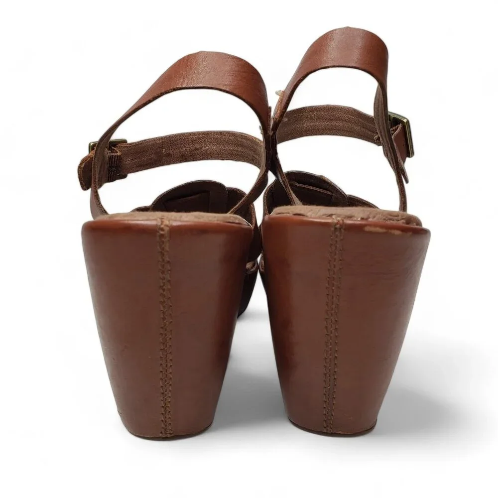 Korks by Kork Ease Platform Wedge Women's Della Brown Leather Strappy Buckled 10